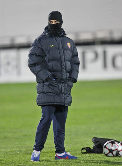 Pep Guardiola, en el entrenamiento del Barcelona en Kazán.