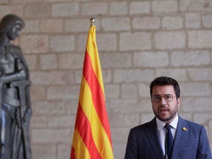 El presidente de la Generalitat, Pere Aragonès, durante su comparecencia del martes en Barcelona.