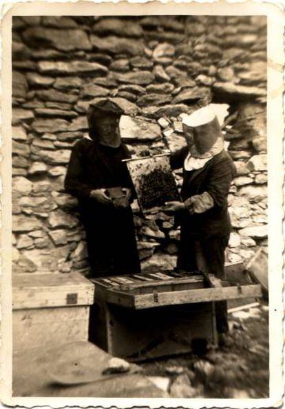 Rafel Muria Llambrich, al Perelló, amb un rusc als anys trenta del segle passat.