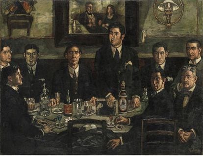 Imagen del cuadro <i>La tertulia del café de Pombo</i>, óleo sobre lienzo pintado por José Gutiérrez Solana en 1920. El autor aparece en el cuadro al fondo a la derecha. De pie, el escritor Ramón Gómez de la Serna.