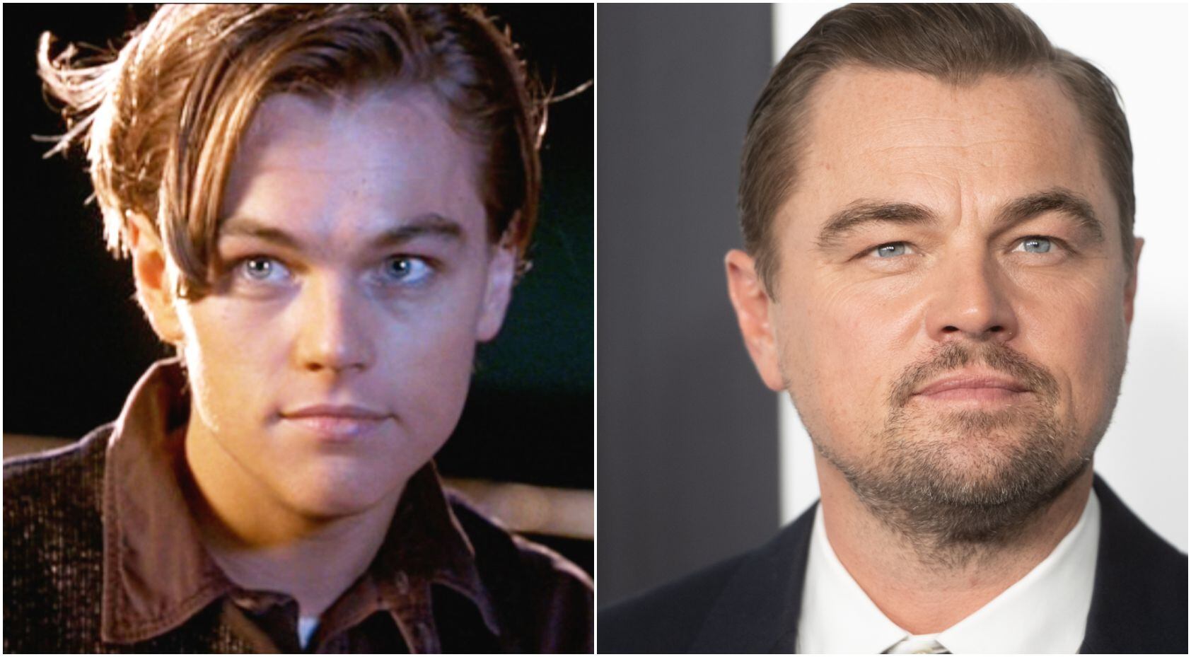 A la izquierda, Leonardo DiCaprio en 'Titanic' (1997); a la derecha, en el estreno de su película 'No mires arriba' (2021). 