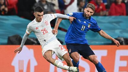 El centrocampista español Pedri en una acción de la semifinal entre España e Italia disputada el pasado 6 de julio en el estadio de Wembley en Londres.
