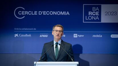 El líder de PP, Alberto Núñez Feijóo, interviene durante la última jornada de la 38 reunión del Cercle d’Economia, en Barcelona, a 31 de mayo de 2023.