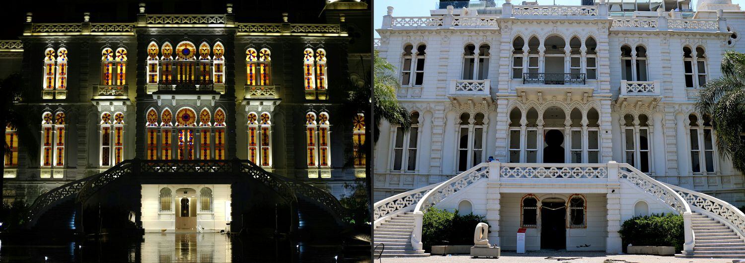 La fachada del Museo Sursock, en una imagen nocturna de octubre de 2015, y el pasado 10 de agosto. 