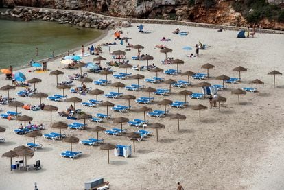 View of the beach of Cala en Porter in Menorca, on July 29, 2023. 