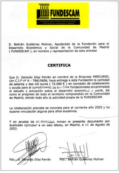 Certificado de una donación hecha por el expresidente de la CEOE, Gerardo Díaz Ferrán, a la fundación del PP, Fundescam. Con esta fundación se pagaron también actos electorales, según los papeles de Bárcenas.