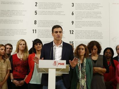  El secretario general del PSOE, Pedro S&aacute;nchez, durante su intervenci&oacute;n en el acto celebrado en Madrid.