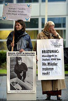 Una mujer bosnia llora ante el TPIY en La Haya y acusa a los asesinos. PLANO ENTERO - ESCENA
