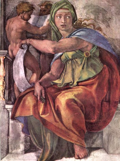 La Sibila de Delfos, de Miguel Ángel, en la bóveda de la Capilla Sixtina del Vaticano.