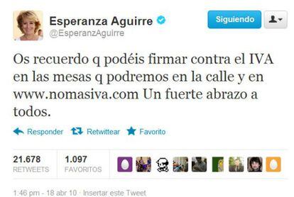 Mensaje de Esperanza Aguirre en Twitter