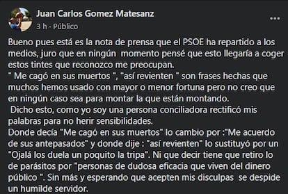 Rectificación publicada por el concejal en su cuenta de Facebook.