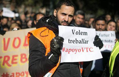 Trabajadores del sector de las VTC durante sus protestas en Barcelona a finales de enero.