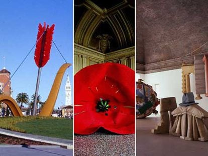De izquierda a derecha, las esculturas &#39;Cupid&#39;s Span&#39; (2002), &#39;Dropped Flower&#39; (2006) y una sala con varias de sus esculturas blandas de los años 1985-1986.