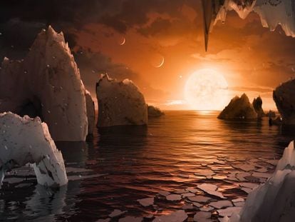 Recreació de la superfície de l'exoplaneta Trappist-1f.