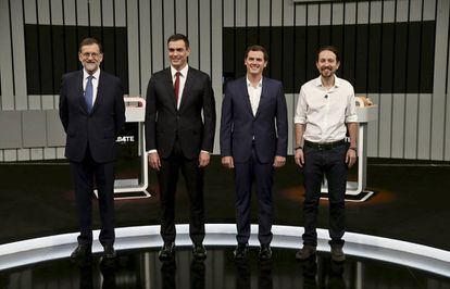 Mariano Rajoy, Pedro Sánchez, Albert Rivera y Pablo Iglesias, antes del debate electoral de junio de 2016.