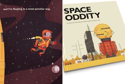 Dos de las ilustraciones y versos de la canción <i>Space Oddity. </i>Abajo, la portada del prototipo creado por Andrew Kolb.