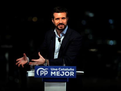 El presidente del Partido Popular, Pablo Casado, durante el acto final de campaña de las elecciones catalanas del 14F.