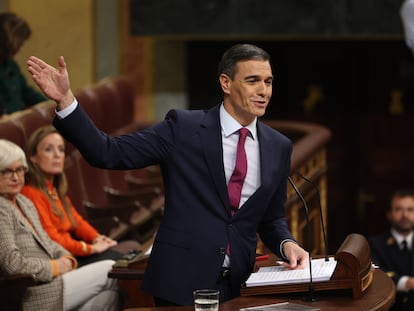 El presidente del Gobierno en funciones, Pedro Sánchez, durante su intervención en el debate de investidura.