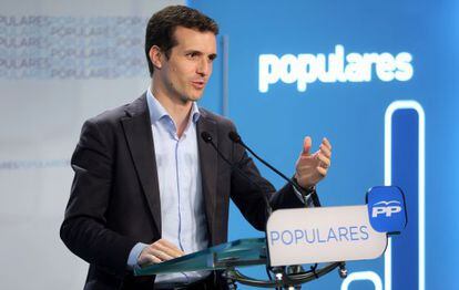 Pablo Casado, vicesecretario de Comunicación del PP, en rueda de prensa.