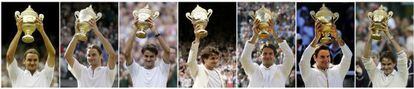 Federer levantando sus siete títulos de Wimbledon.