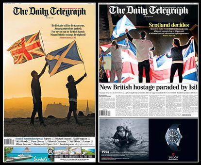 'The Daily Telegraph' abría su portada con un poema de Robert Burns y las banderas del Reino Unido y la escocesa ondeando juntas. Hoy, la foto de portada es para unos simpatizantes del no en Escocia, que comparte protagonismo con la actualidad internacional, con la noticia de un nuevo prisionero británico del Estado Islámico.