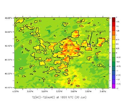 Impacto de los aparatos de aire acondicionado en la temperatura del aire a las 20.00, hora local, del 30 de junio de 2008