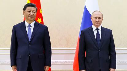 El presidente ruso, Vladímir Putin, durante su encuentro con el presidente de China, Xi Jinping, en Samarcanda (Uzbekistán) este jueves.
