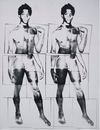 Retrato de Jean-Michel Basquiat como el David de Miguel Ángel, hecho por Warhol en 1984. Pintura de polímero sintético y tinta de serigrafía sobre lienzo.