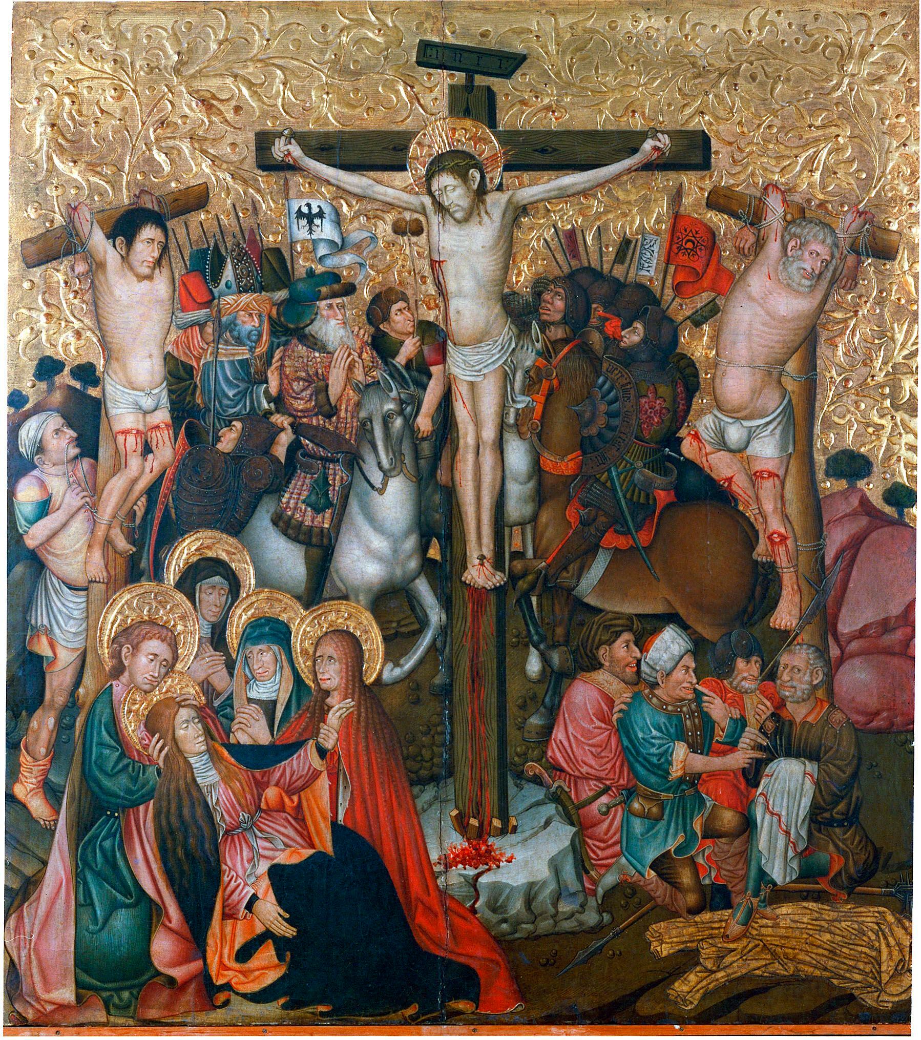 'Crucifixión' de Jaume Ferrer conservada en el MNAC que coronaba el retablo de Peralta de la Sal, que se cederá al Museo de Lleida.