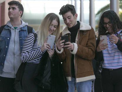 Un grupo de jóvenes miran sus móviles. 