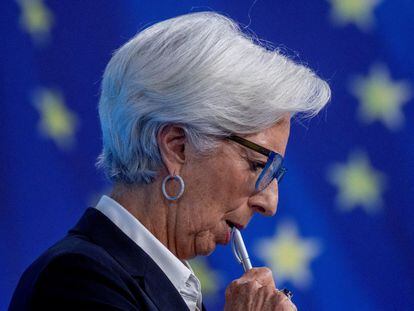 La presidenta del BCE, Christine Lagarde, durante su comparecencia ante la prensa en Fráncort, el pasado jueves.