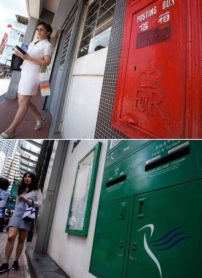 Arriba: una mujer sale de una oficina de correos que aún luce el sello británico en el buzón, el 25 de junio de 1997; abajo: una mujer pasa por delante de un buzón verde en el distrito de Wanchai, el 23 de junio de 2017.