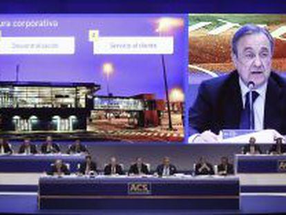 El presidente de ACS, Florentino P&eacute;rez (c), durante la junta de accionistas celebrada hoy en Madrid. 