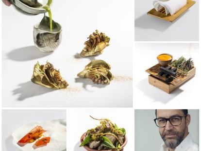 El chef Quique Dacosta y cinco de sus creaciones de la temporada 2016. Pincha en la foto para más detalles sobre los platos.