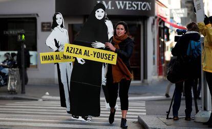 Manifestación en París a favor de la liberación de las activistas saudíes, el pasado 8 de marzo.