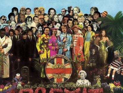 En 1967, el artista Peter Blake y su esposa, Jann Haworth, diseñaron esta portada para el ‘Sgt. Pepper’s Lonely Hearts Club Band’ de The Beatles. Hemos sustituido a Carl Jung, Fred Astaire o Marilyn Monroe por iconos de la era del 'britpop' (Jarvis Cocker, Damon Albarn, Noel Gallagher…) y cambiado a los Beatles por los cuatro tenores del Brexit: Theresa May, David Cameron, Nigel Farage y Boris Johnson.