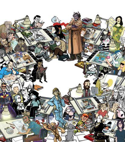Ilustración de Kiko da Silva, para la portada de Babelia, que contiene referencias a 72 autores de cómic.