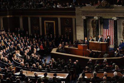 Obama durante su discurso sobre el estado de la Uni&oacute;n en la C&aacute;mara de Representantes