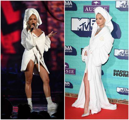 Rita Ora, con los dos albornoces que lució en los premios MTV EMA.