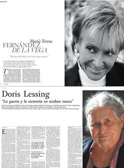 Apertura de la entrevista de Juan José Millás a la vicepresidenta del Gobierno, María Teresa Fernández de la Vega, con fotografías de Jordi Socías; y doble página de la entrevista a la última Nobel de Literatura, Doris Lessing.