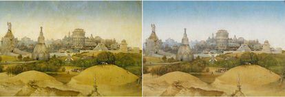 Detalle del paisaje de 'La adoración de los Magos' antes (izquierda) y después (derecha) de la restauración.
