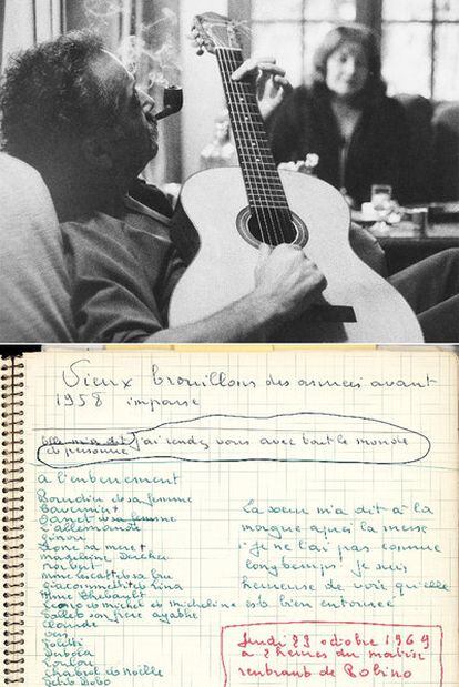 Foto de Brassens expuesta en la Ciudad de la Música y uno de los manuscritos hallados hace poco en su casa de París.