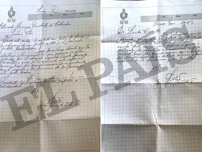 A la izquierda, la carta que dirige Pedro Castillo al presidente colombiano Gustavo Petro, a la derecha, la carta que dirige al abogado Guido Leonardo Croxatto.