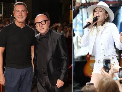 De izquierda a derecha: los dise&ntilde;adores Stefano Gabbana y Domenico Dolce y la cantante Miley Cyrus.