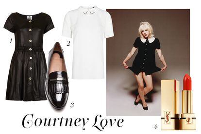 El look baby doll de Courtney Love: 1. Vestido negro con botonadura delantera de Topshop (26 euros). 2. Camisa blanca con aplicaciones metálicas en el cuello de Mango (30 euros). 3. Zapato de Uterqüe (99,95 euros). 4. Pintalabios de Saint Laurent (c.p.v).