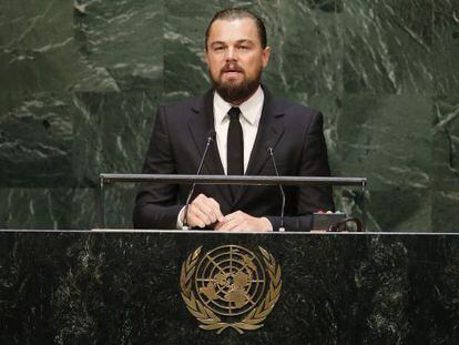 DiCaprio, en el atril de las Naciones Unidas para hablar en la cumbre del clima, celebrada el pasado mes de septiembre.