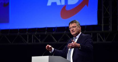El líder reelegido de AfD, Joerg Meuthen, este sábado en Hanóver.