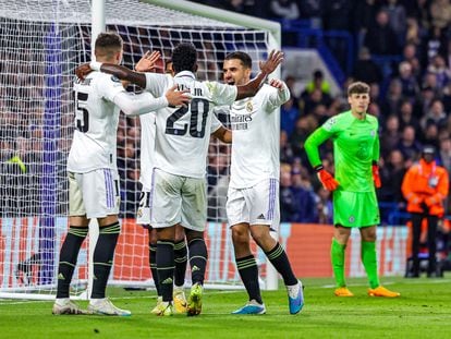 Valverde, Vinicius, Ceballos y Rodrygo celebran el segundo gol del Real Madrid el pasado martes ante el Chelsea.