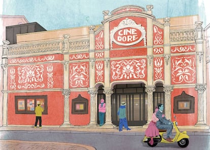 Ilustración de Clara León del cine Doré-Filmoteca Española, en la calle Santa Isabel de Madrid.