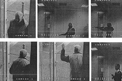Las capturas de la grabación muestran como Pere Puig entra en la sucursal bancaria, dispara y se entrega a la policía.